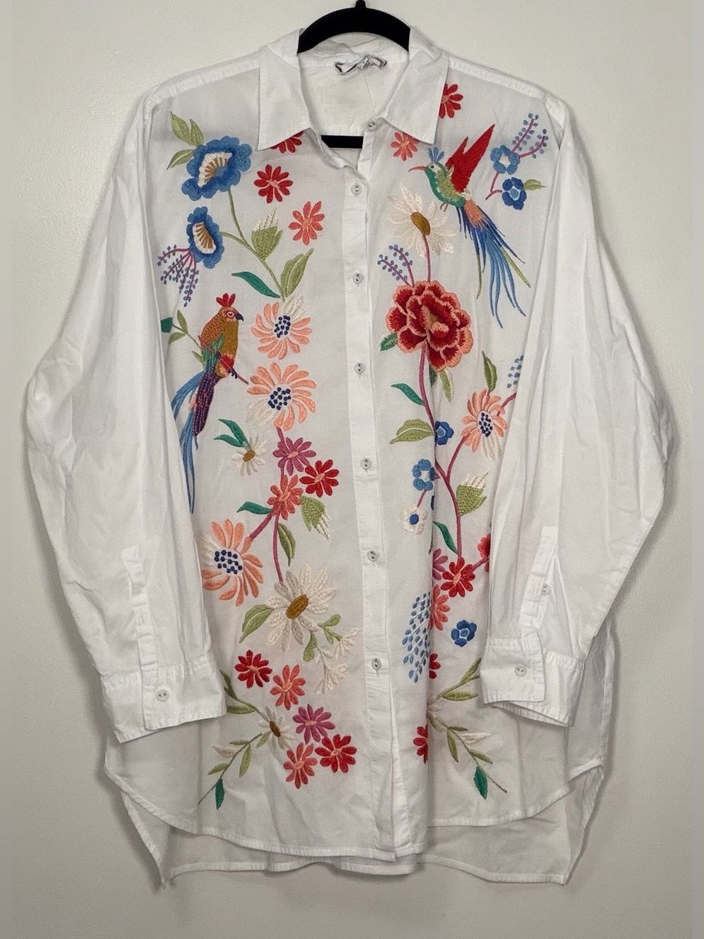 Johnny Was White Button-Down Shirt with Multicolor Floral & Parrot Embroidery
